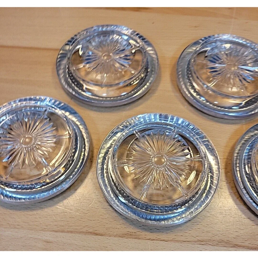 Vintage Coasters Glass Star Starburst Pattern w/ Hammered Aluminum Trim set of 5
